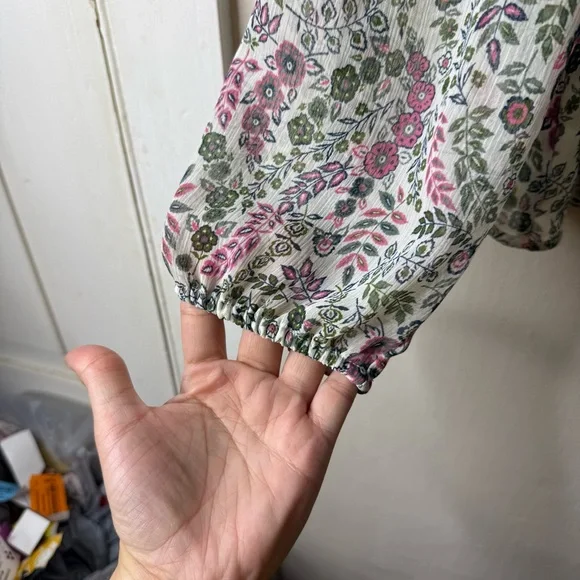 Loft Ivory Floral Peasant Ruffle Long Sleeve Boho Blouse - Picture 2 of 6